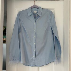 NWT J. Crew Blue Button Down Blouse with Feathers in Size Small
